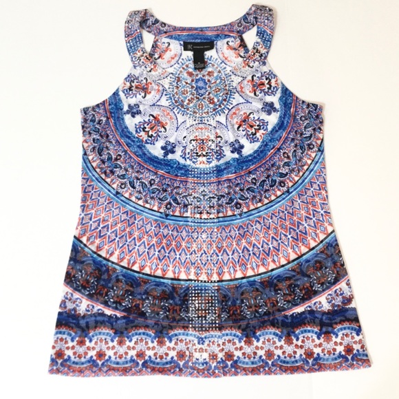 INC International Concepts Tops - INC Sleeveless Semi-Sheer BOHO Print Top Crystals